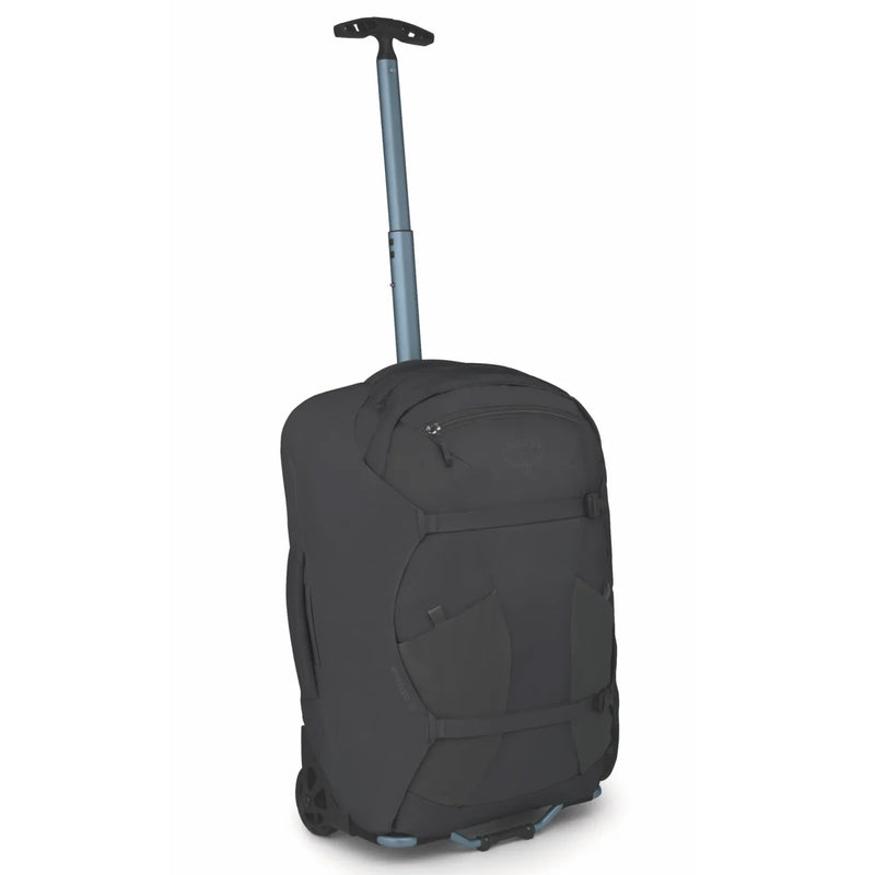 Black osprey farpoint fairview 36l carry-on wheeled travel pack with telescoping handle and dual wheels for easy travel