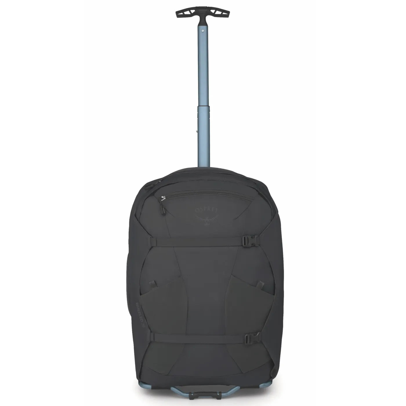 Black osprey farpoint fairview 36l carry-on travel pack with silver telescoping handle and durable fabric exterior