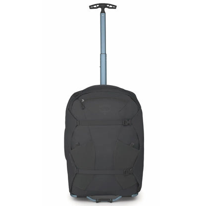 Black osprey farpoint fairview 36l carry-on travel pack with silver telescoping handle and durable fabric exterior