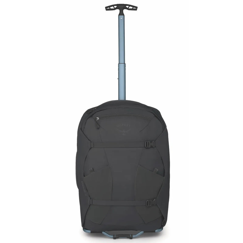 Black osprey farpoint fairview 36l carry-on travel pack with silver telescoping handle and durable fabric exterior