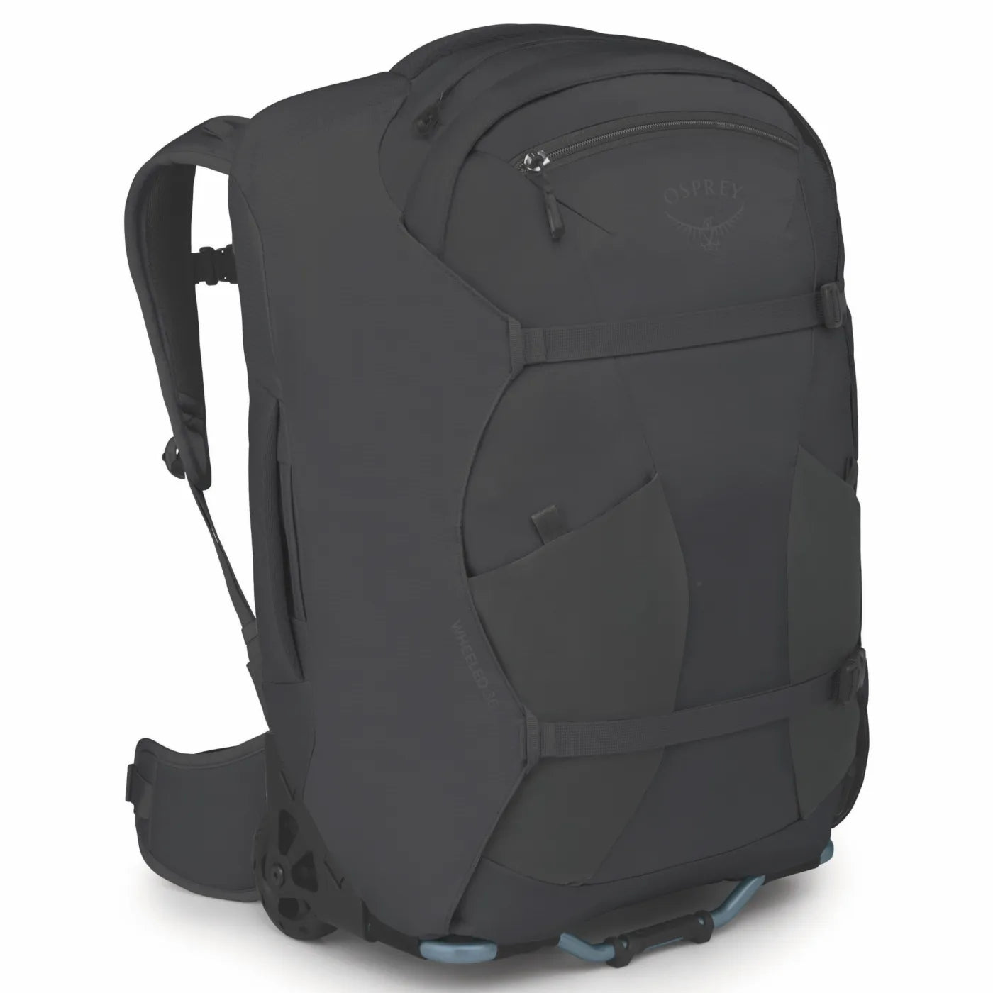 Dark gray osprey farpoint fairview 36l carry-on wheeled travel pack with reinforced fabric and blue wheel accents