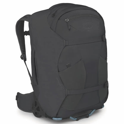 Dark gray osprey farpoint fairview 36l carry-on wheeled travel pack with reinforced fabric and blue wheel accents