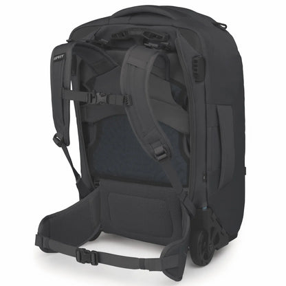 Black osprey farpoint fairview 36l carry-on wheeled travel pack back view with padded straps and mesh panel