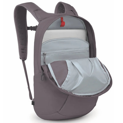 Gray osprey farview 55l travel pack with mesh shoulder straps and red zipper pull perfect for tourister urban track use