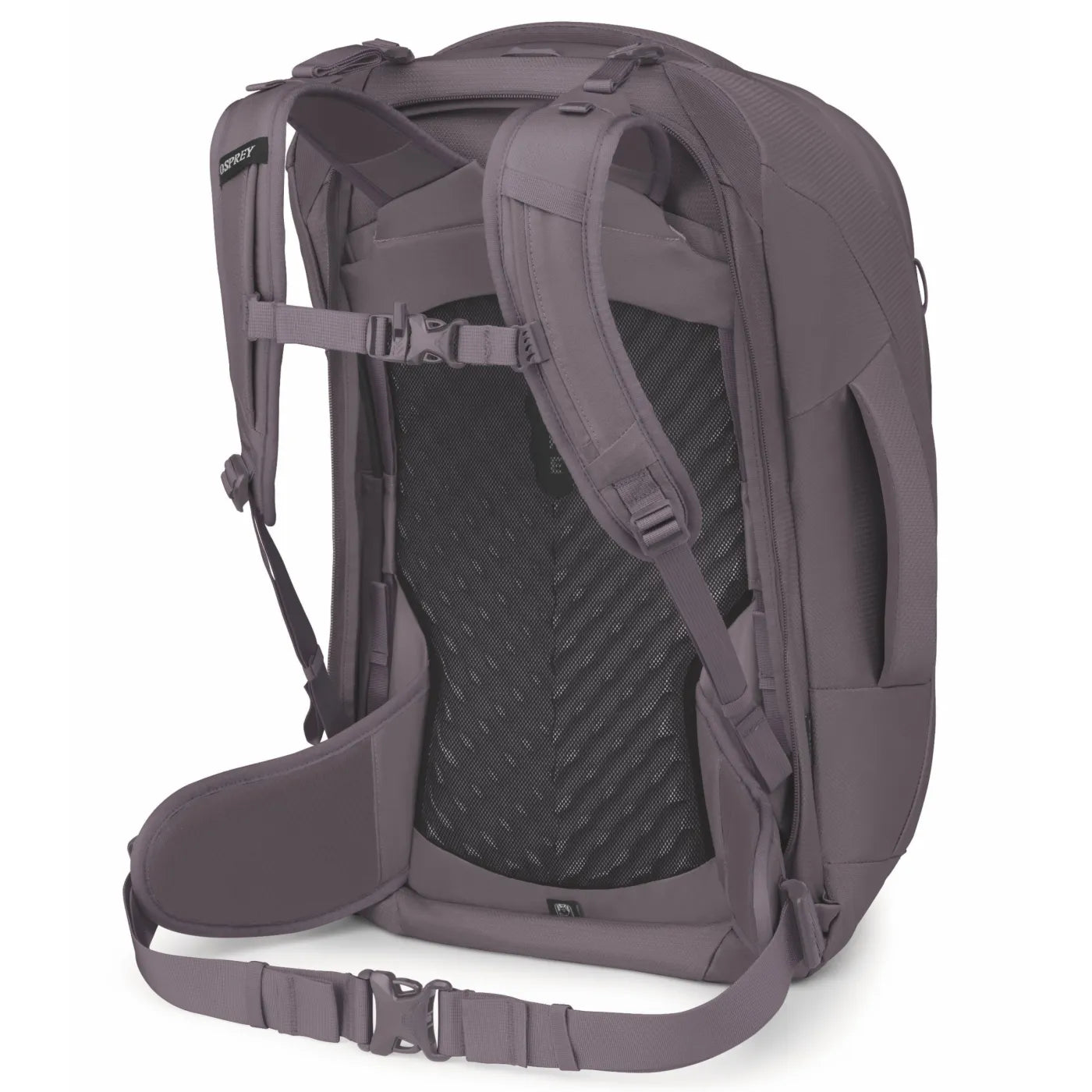 Gray osprey farview 55l women’s travel pack back with mesh panel and adjustable straps in graphite purple