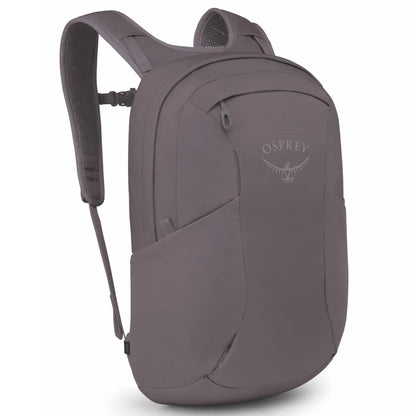 Gray osprey farview 55l women’s travel pack with detachable day pack in graphite purple featuring sleek design and subtle logo