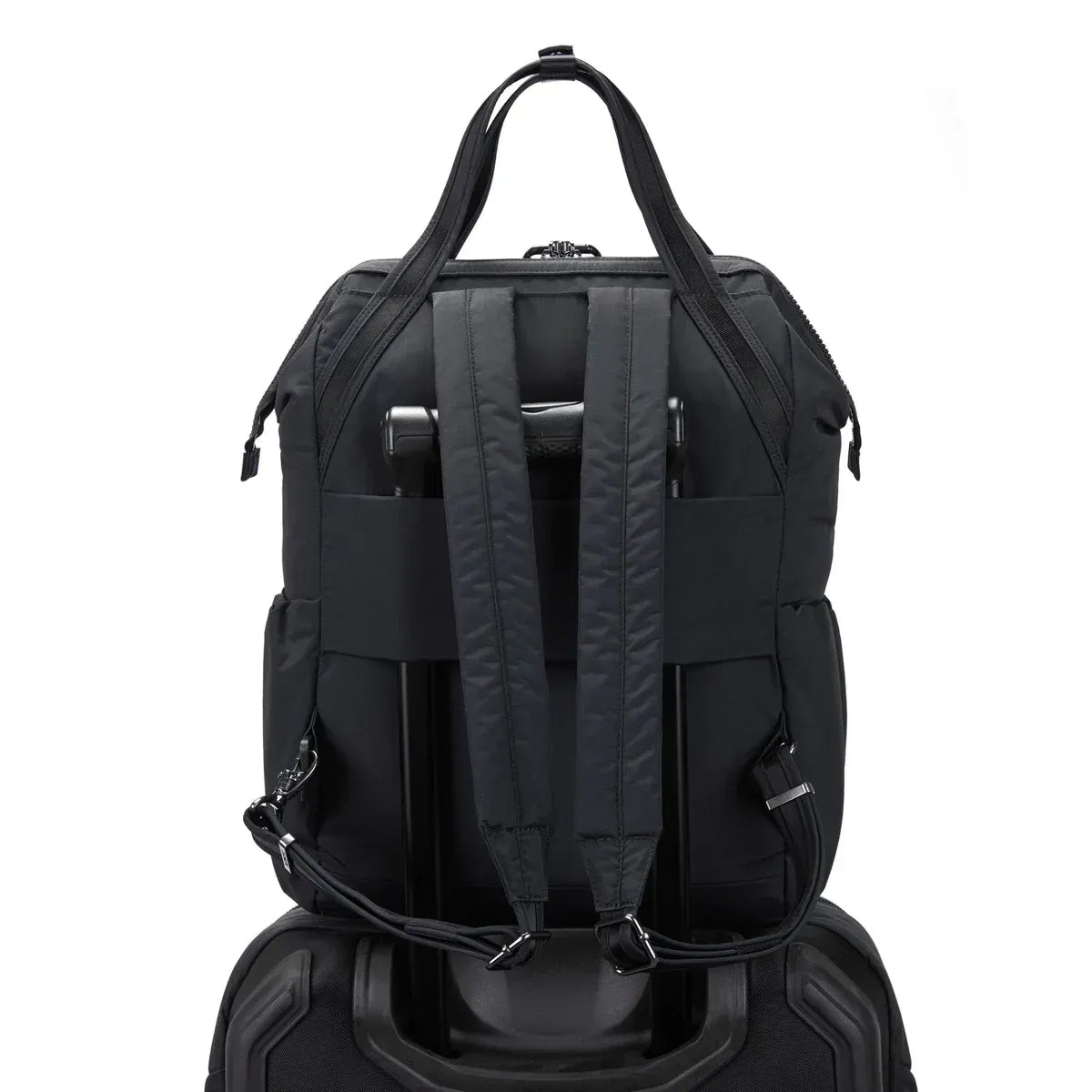 Luggage slip lets you attach the bag to wheeled luggage for easy transit