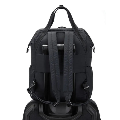 Luggage slip lets you attach the bag to wheeled luggage for easy transit
