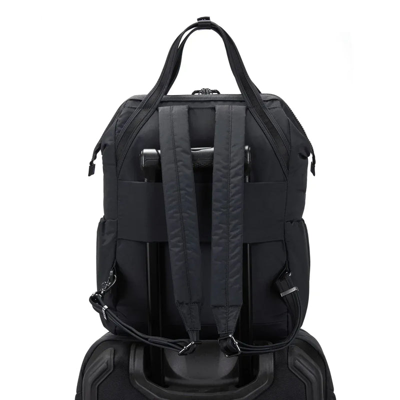 Luggage slip lets you attach the bag to wheeled luggage for easy transit