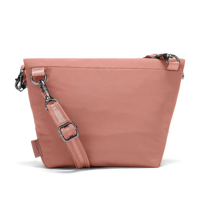 Bag converts from a small crossbody to a larger size crossbody bag