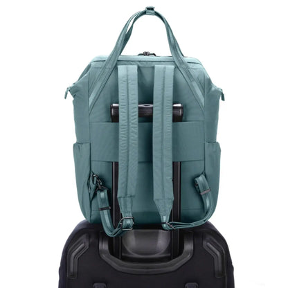 Luggage slip lets you attach the bag to wheeled luggage for easy transit
