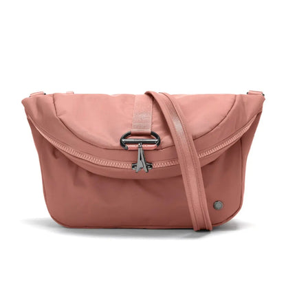 Convertible design folds down to a handbag