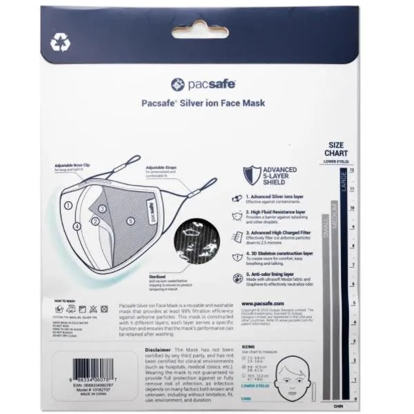 Pacsafe Protective and Reusable Silver Ion Face Mask (Large) - Silver Grey