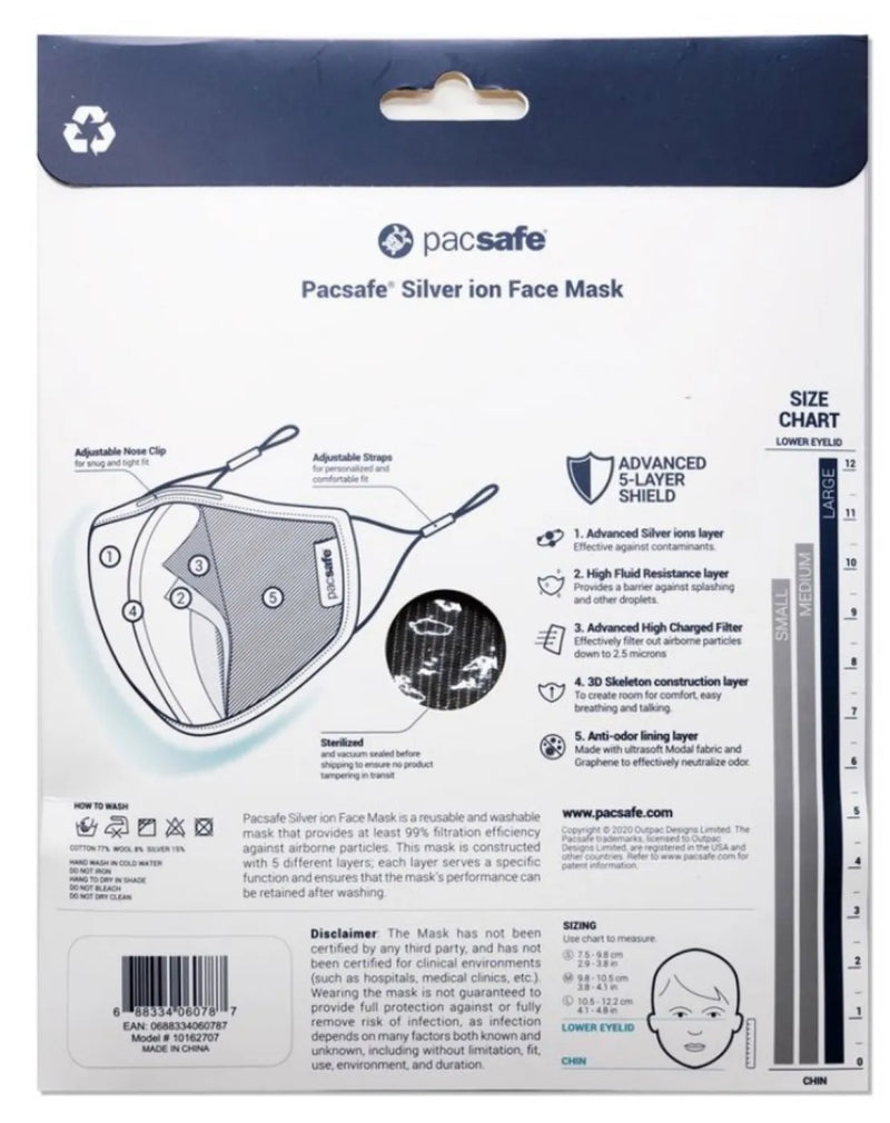 Pacsafe Protective and Reusable Silver Ion Face Mask (Medium) - Silver Grey