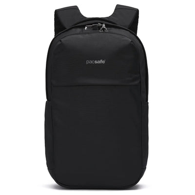 Black pacsafe v city 20l backpack with sleek durable fabric silver zipper hardware and quick access laptop compartment