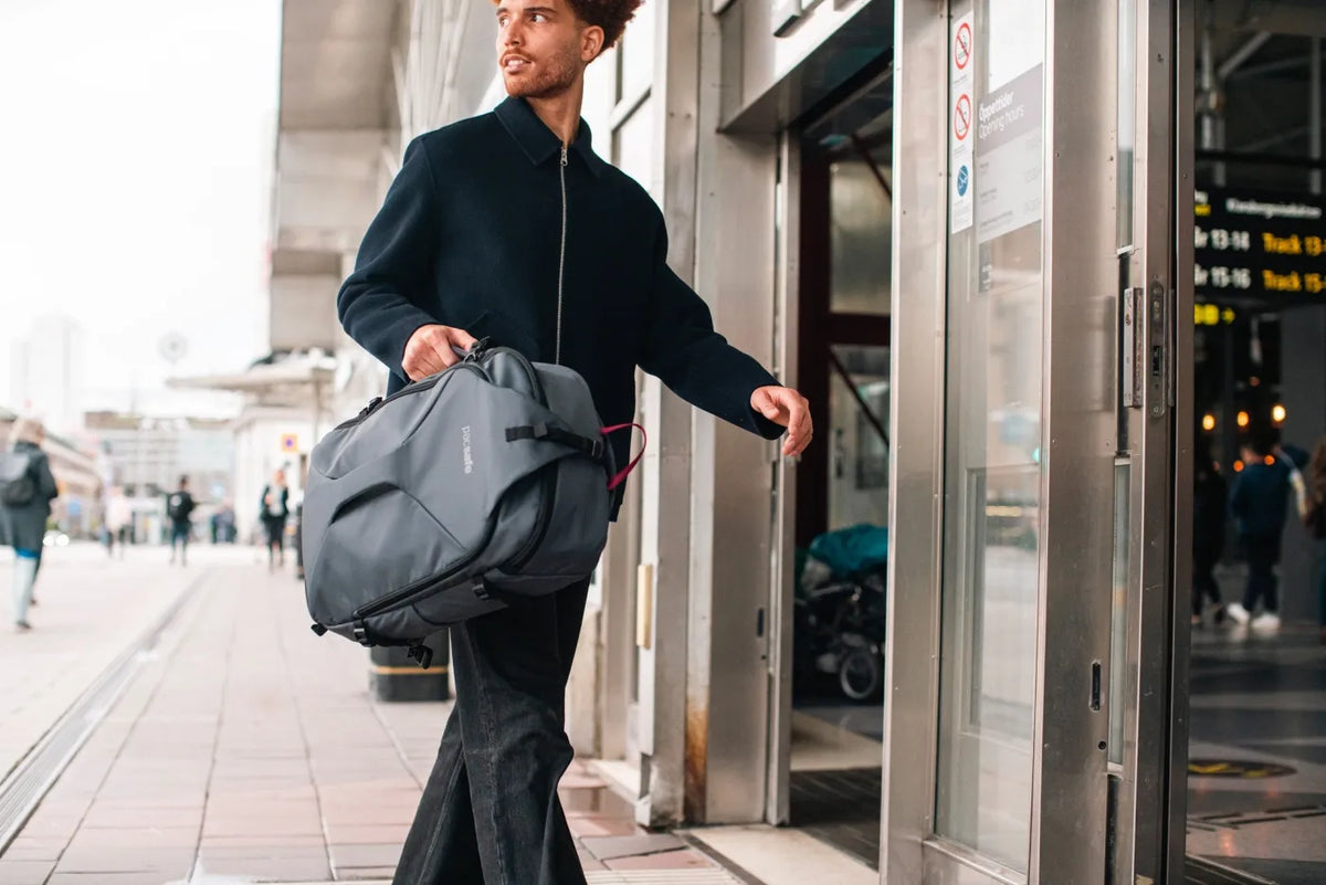 Venturesafe EXP45 45L Carry-on Travel Pack - Slate in use