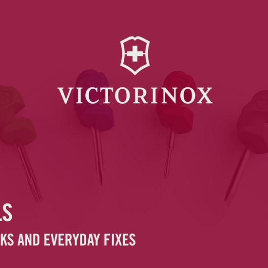 Victorinox Mini Tools in red, green and purple animated: a phone SIM tray ejector, a screwdriver on sunglasses and a laptop screw, then the set beside a Swiss Army Knife