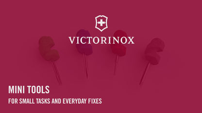 Victorinox Mini Tools in red, green and purple animated: a phone SIM tray ejector, a screwdriver on sunglasses and a laptop screw, then the set beside a Swiss Army Knife