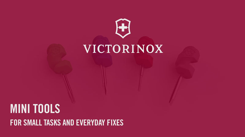 Victorinox Mini Tools in red, green and purple animated: a phone SIM tray ejector, a screwdriver on sunglasses and a laptop screw, then the set beside a Swiss Army Knife