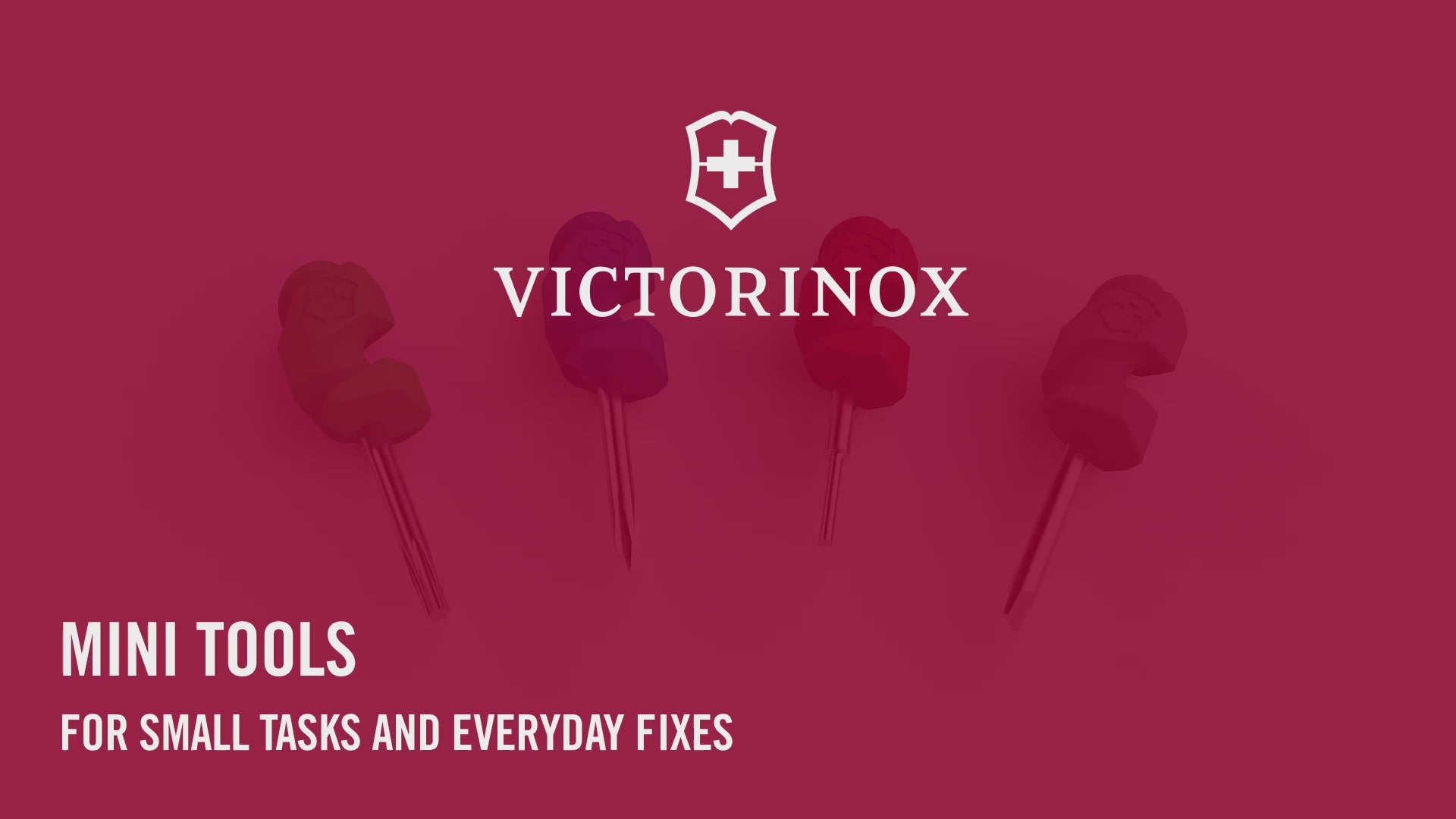 Victorinox Mini Tools in red, green and purple animated: a phone SIM tray ejector, a screwdriver on sunglasses and a laptop screw, then the set beside a Swiss Army Knife