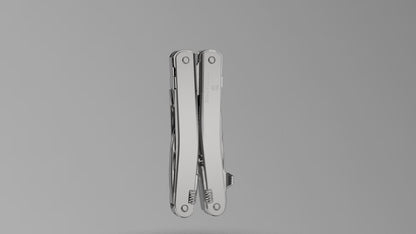 How to attach the carry clip to a Victorinox SwissTool: the clip screwed onto the closed tool with the hex key in a studio