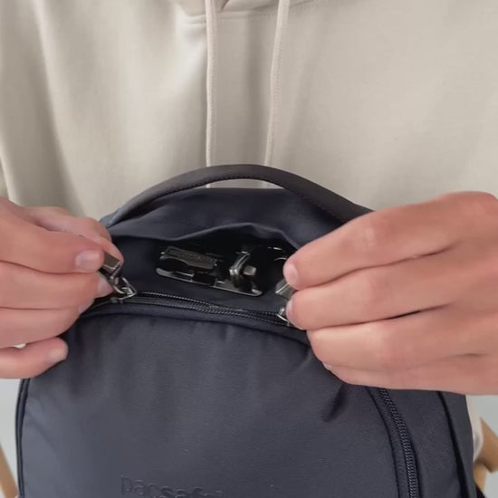 Pacsafe V Tour 26L Anti-Theft 16" Laptop Backpack product video (shown in Ocean)