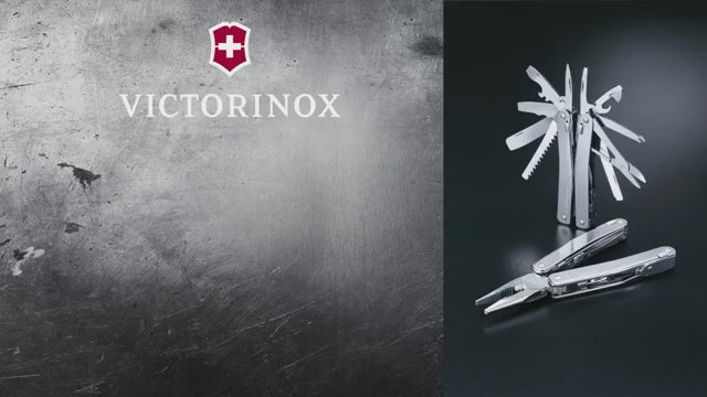 Victorinox Swiss Tool demonstration on a workbench: the 36 functions opened one by one, cutting cord, the can opener, driving a screw into timber and stripping wire