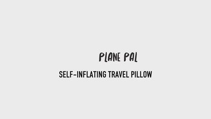 How to set up the Plane Pal self-inflating kids travel pillow: a woman unrolls the black pillow, opens the valve, lets it inflate, then presses and rolls it flat to pack away, with a child resting on it in a plane seat
