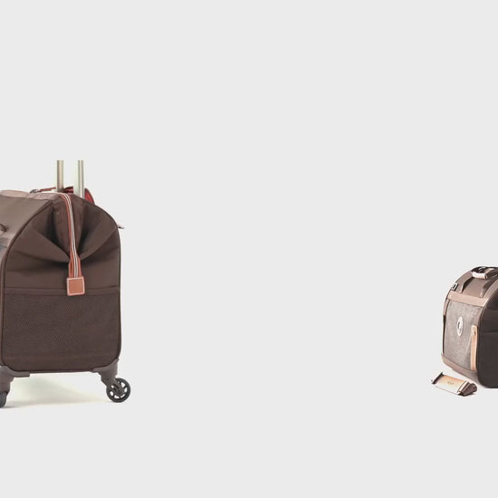 Delsey Chatelet Air 2.0 pet carriers in brown: the shoulder bag and wheeled trolley version, the antimicrobial recycled lining, the car seat belt straps and the trolley handle with wheels