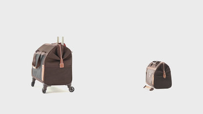 Delsey Chatelet Air 2.0 pet carriers in brown: the shoulder bag and wheeled trolley version, the antimicrobial recycled lining, the car seat belt straps and the trolley handle with wheels