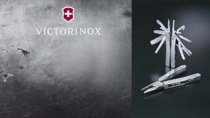 Victorinox Swiss Tool demonstration on a workbench: the 36 functions opened one by one, cutting cord, the can opener, driving a screw into timber and stripping wire