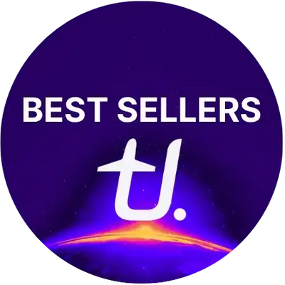 Circular logo with 'BEST SELLERS' text and a logo on a purple background