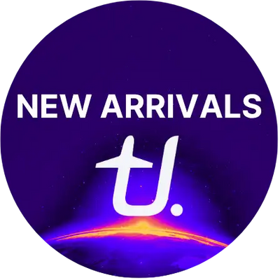 Circular logo with 'NEW ARRIVALS' text and a logo on a purple background