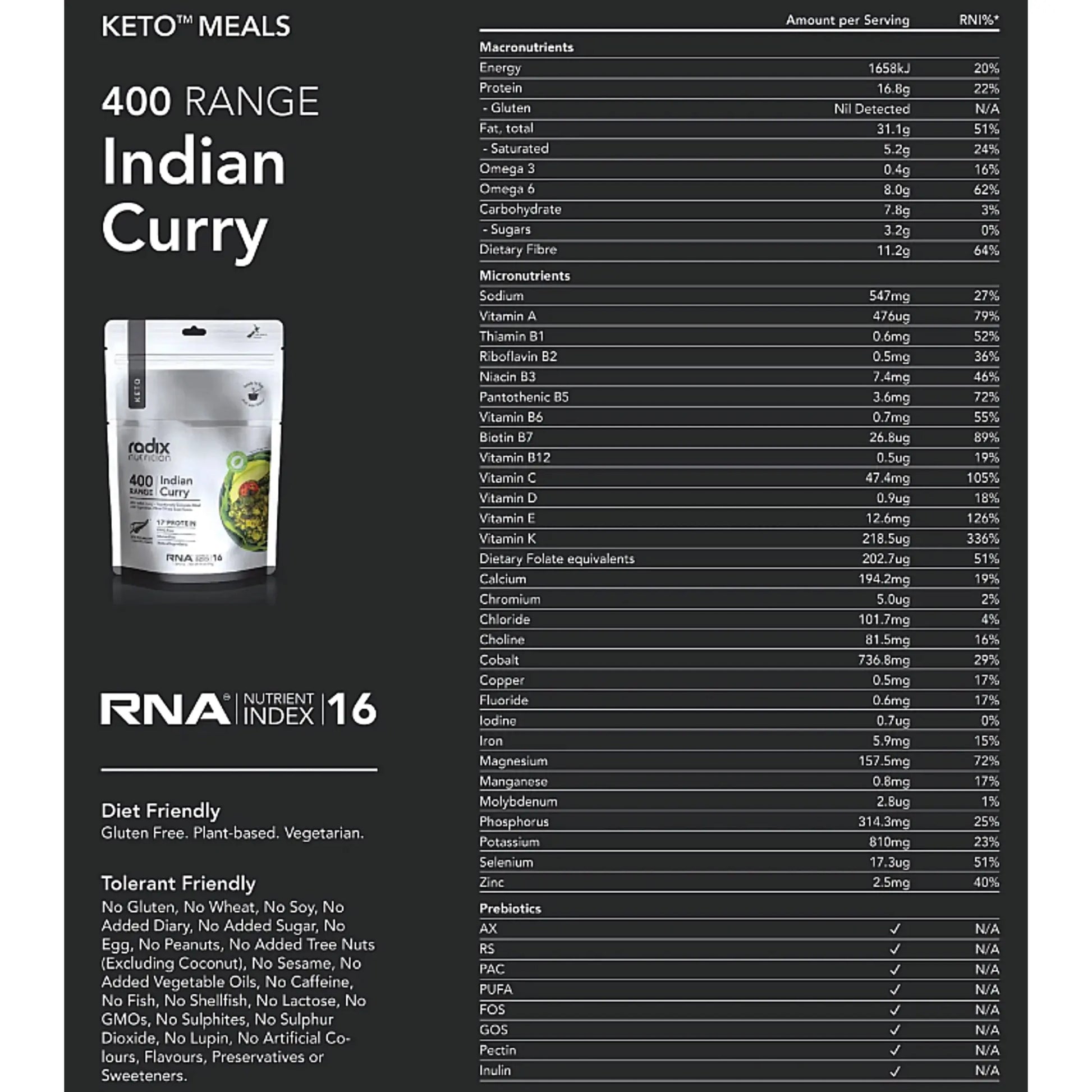 Radix Nutrition Keto Meal Indian Curry (Plant Based) - 400 kcal