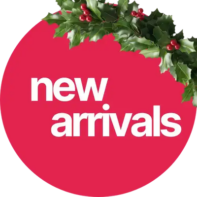 Red circular ’new arrivals’ sign with holly leaves and berries design.
