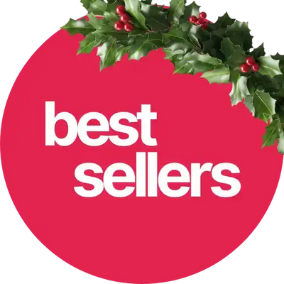 Red circular best sellers sign with holly leaves and berries design.