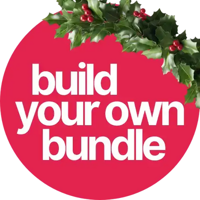Red circular ’build your own bundle’ sticker with holly leaves and berries design.