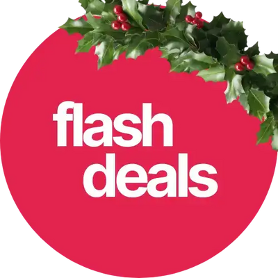 Red circular ’flash deals’ sign with holly leaves and berries design.