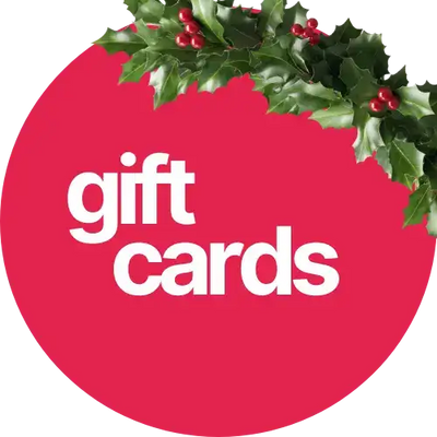 Red circular gift card with holly design and white text ’gift cards’