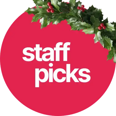 Red circular ’staff picks’ sign with holly leaves and berries design.