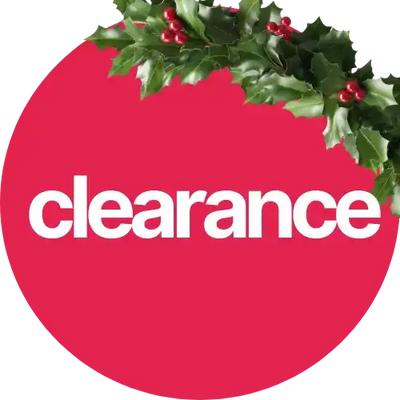 Red clearance sign with holly leaves and berries design.
