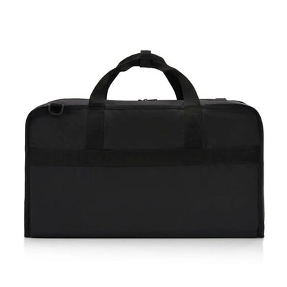 Back panel featuring a luggage band, ready to slide over the handle of rolling luggage