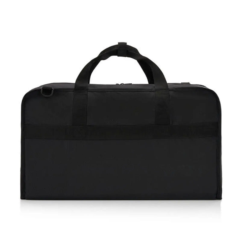 Back panel featuring a luggage band, ready to slide over the handle of rolling luggage