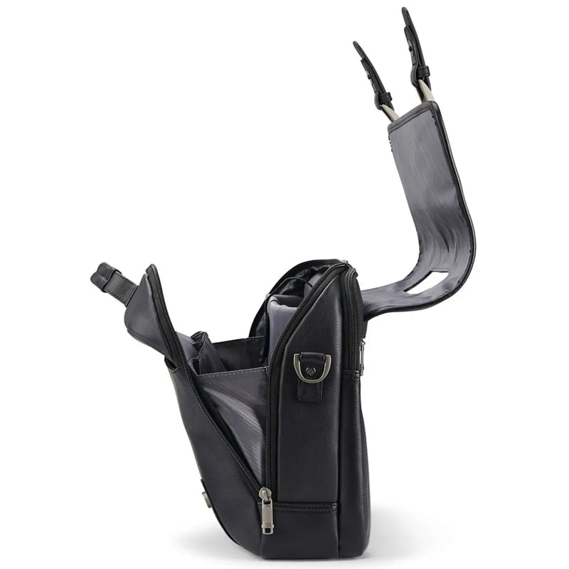 Main compartment has curved zip opening, a padded laptop pocket, and three gusseted accessory pockets
