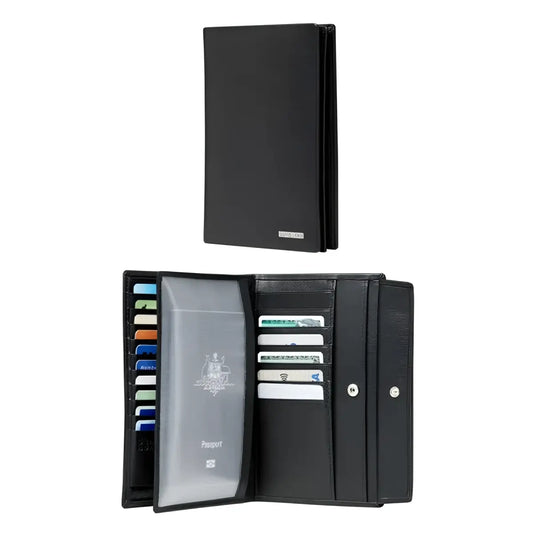 DLX Leather Wallet - Compact with 17 RFID Credit Card Slots - Black