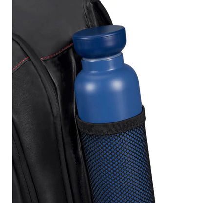 Hidden zippered side pocket with mesh water bottle holder