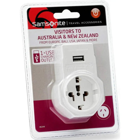 Samsonite Electrical Adaptor with USB - USA and Europe to Australia - White - front