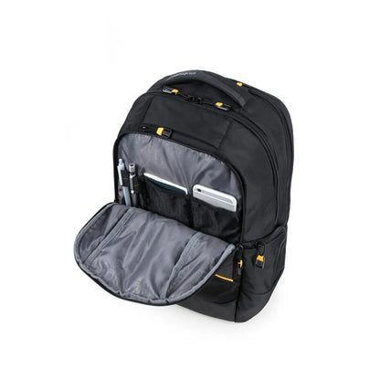 Organiser panel in front compartment with pen holders, slip pockets and space for documents