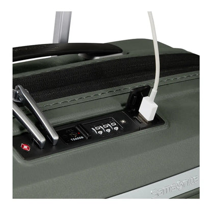 USB charging port on top of suitcase with inbuilt power pack pocket inside (power pack not included)