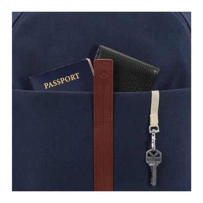 Exterior features front pocket and key fob with magnetic snap and zip closures